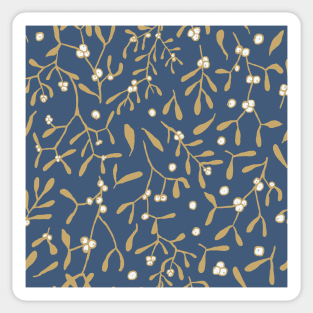 golden mistletoe and berries on dark cobalt blue seamless repeat pattern Sticker